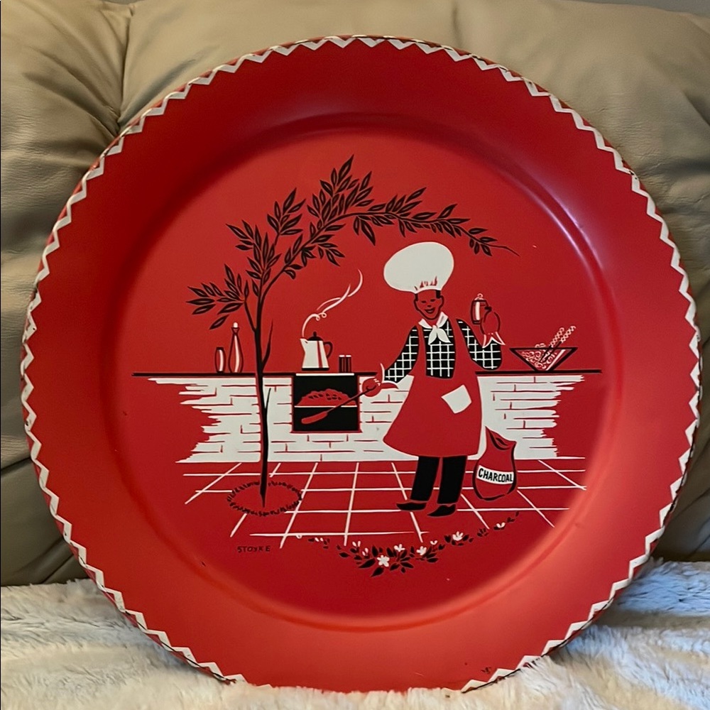Vintage 1950’s Red Metal Decorative Plate with Chef Illustration